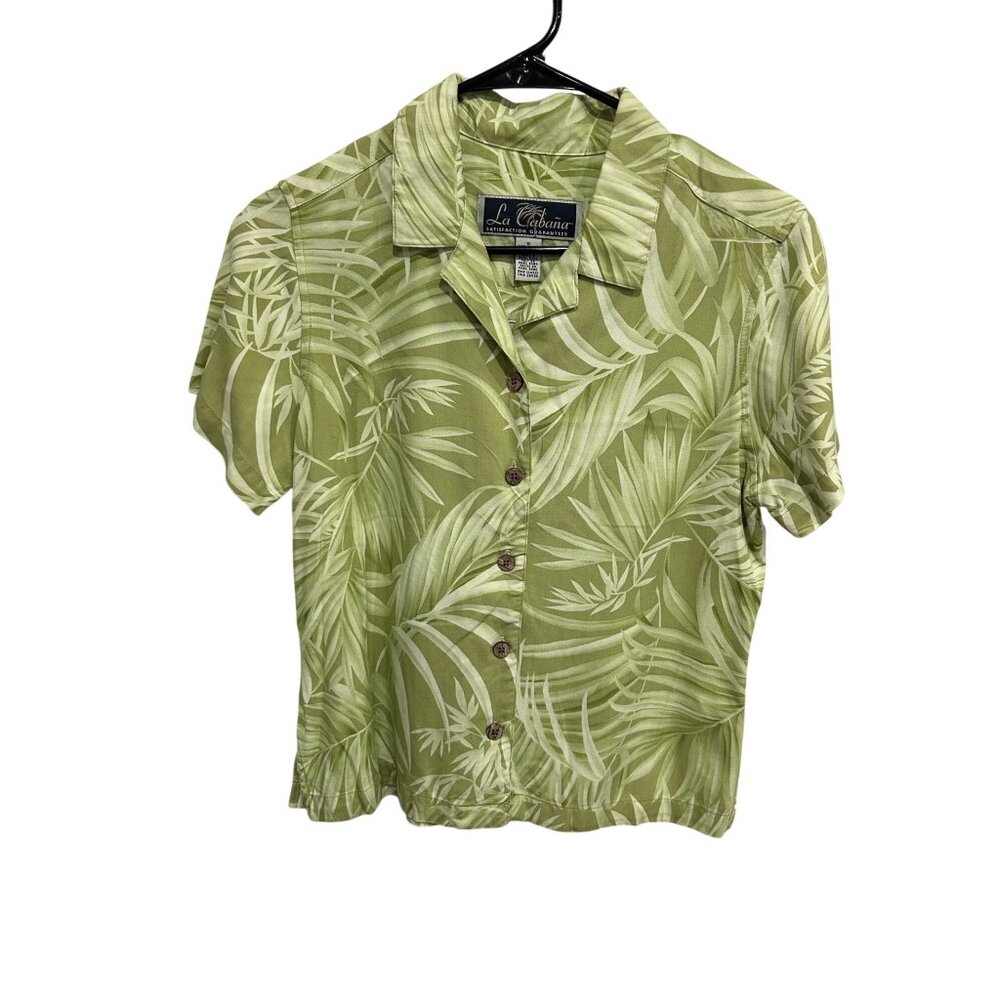 La Cabaña Palm Leaf Button Up Shirt Green Sz Small Short Sleeve Beach Resort